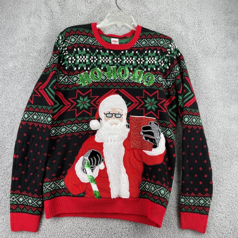 Holiday Time Ugly Christmas Sweater Mens Medium Santa Ho Ho Ho Black Red Sweater